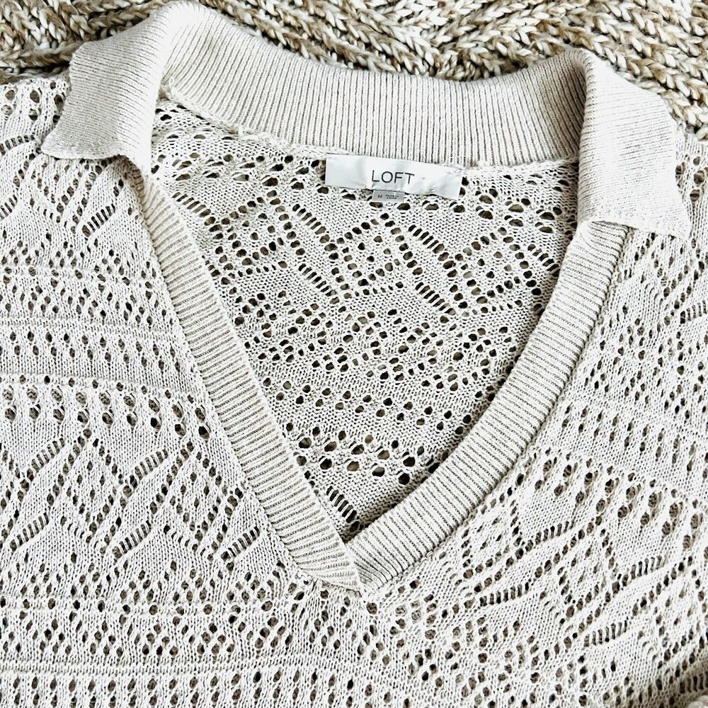 Loft Oatmeal Pointelle Polo Style V Neck Spread Collar Lightweight Blouse Sz Med - Picture 3 of 8